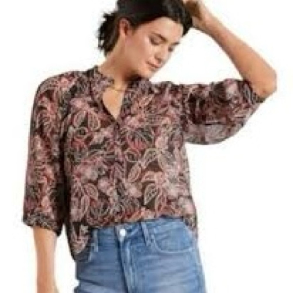 EVEREVE Floral Chiffon Ruffle Neck Blouse Size S Sheer 3/4 Sleeve Button Down - Picture 2 of 11